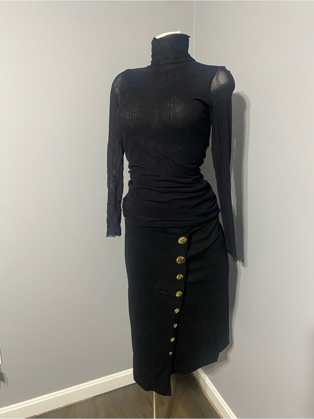 Carmen Marc Valvo Black Midi Skirt with Gold Button Placket